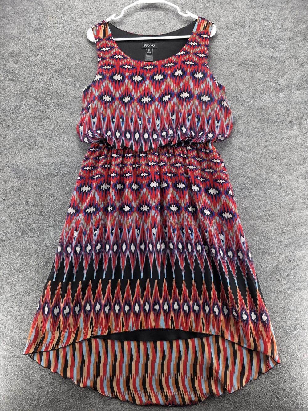 En Focus Studio Dress Womens 12 Multicolor Blouson Hi-Low Geometric Lined